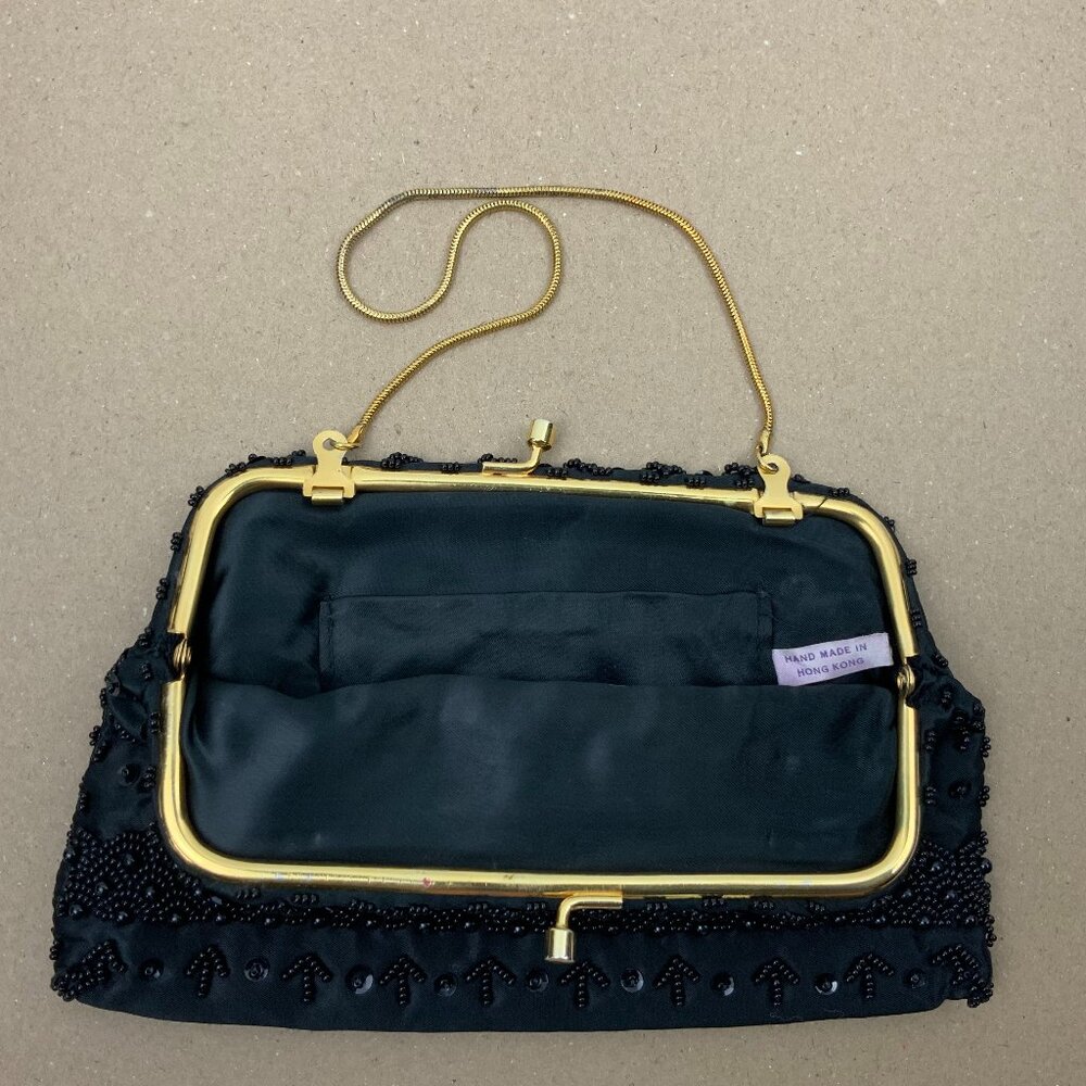 Vintage 60s Black Satin Silk Beaded and Sequined Evening Party Clutch/Bag - Picture 5 of 16